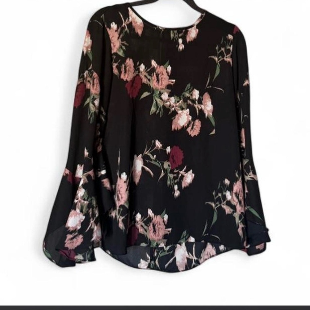 Vince Camuto Black Floral Long-Sleeve Blouse with Pink & Burgundy Blooms